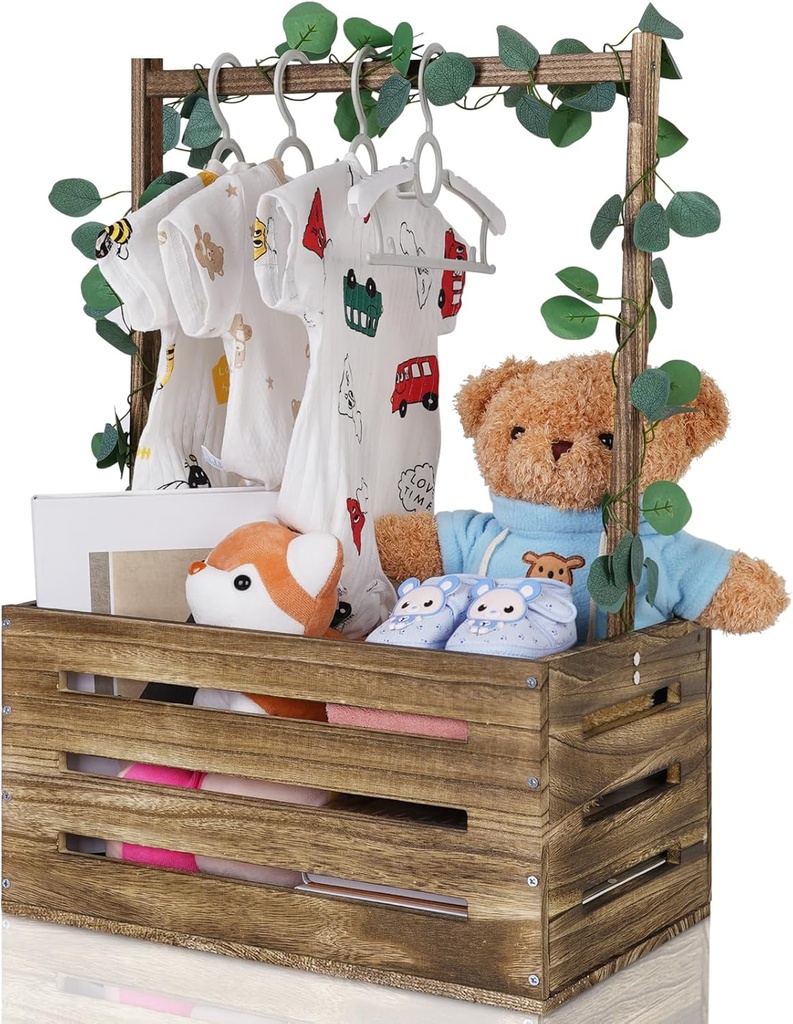 Snpwne Wooden Baby Shower Crate Closet, Baby Basket with Handle, Personalized Baby Gifts Basket, Storage Basket, Newborn Boy Girl Welcome Gift for New Mom Parents