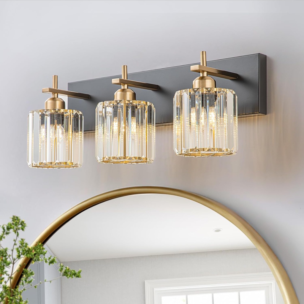 HUOKU Modern Crystal Bathroom Vanity Lights, 3-Lights Black Gold Bathroom Light Fixtures Over Mirror, Crystal Vanity Light with Polished Gold Finish(Exclude Bulb)