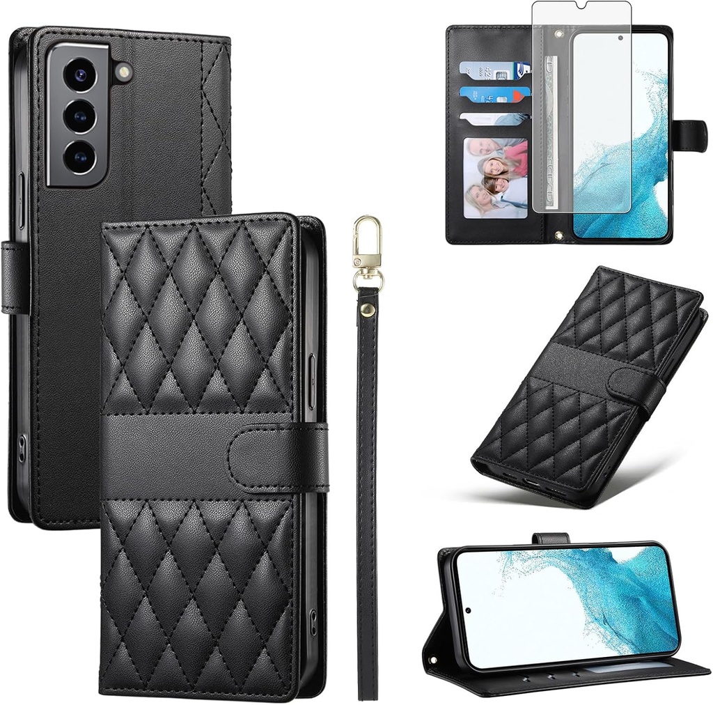 Wallet Case for Samsung Galaxy S21 Plus S21+ 5G with Tempered Glass Screen Protector Wrist Strap Card Holder Slots Folio Purse Stand Phone Cover S21+5G S21plus 21S + S 21 21+ G5 Women Black