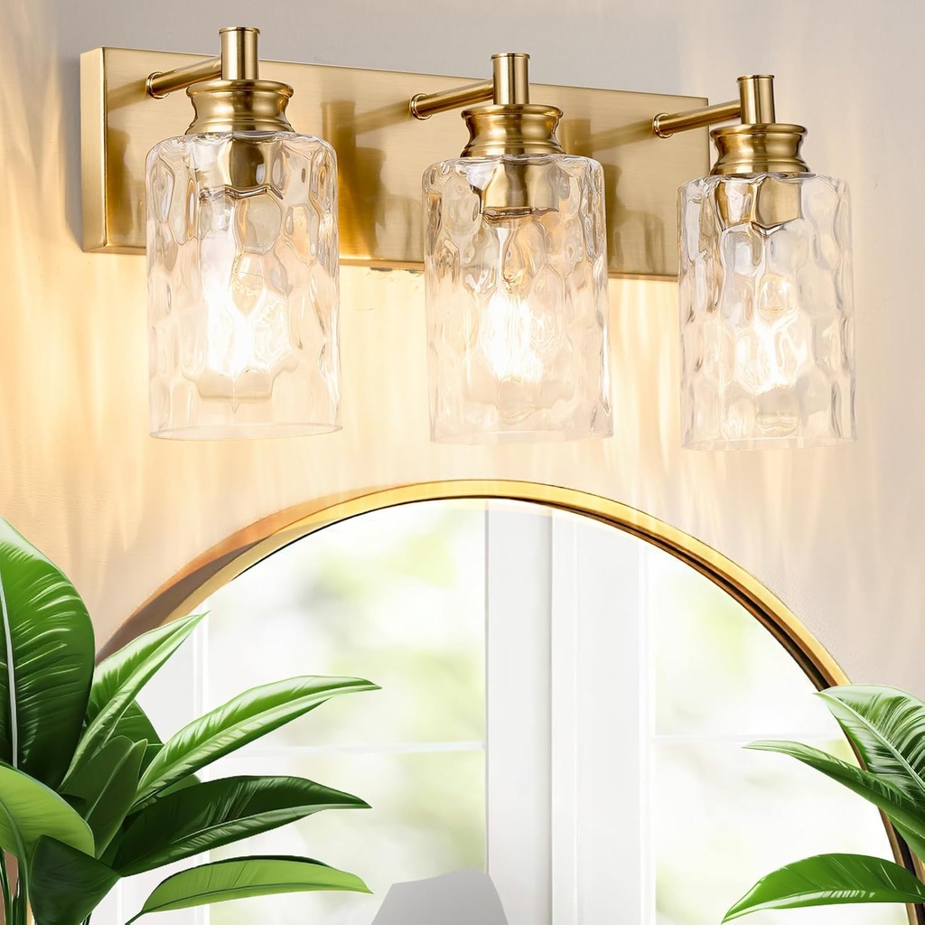 3 Light Bathroom Vanity Light Modern Brushed Gold Bathroom Light Fixtures Over Mirror with Hammered Glass Lampshade for Kitchen Hallway
