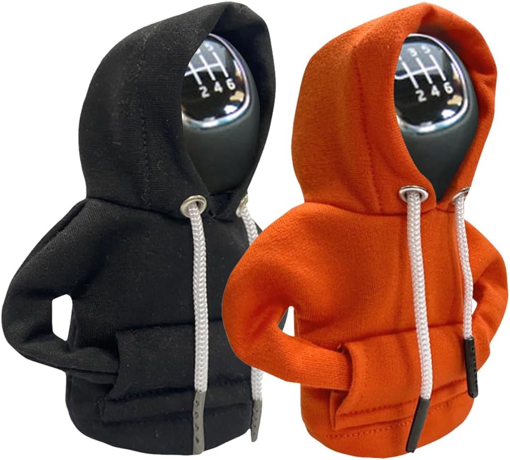 2PCS Car Gear Shift Cover, Winter Warm Fashionable Hoodie Car Shift Knob, Auto Decor Interior Accessories Shift Knob for Car, SUV, Truck (Black&Orange)