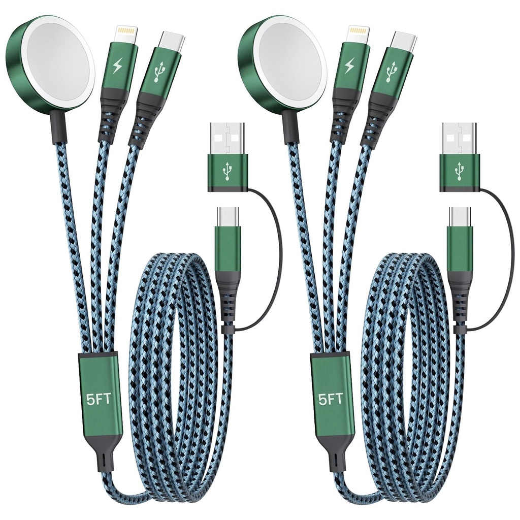 Travel Essentials, Multi Charging Cable for Apple Watch Charger, USBC Cable for iWatch/iPhone 17 Charger, Airplane Gadgets Gift Ideas USB C Cord Compatible with iWatch 11/iPhone 17/Galaxy/Car-5F 2PCS