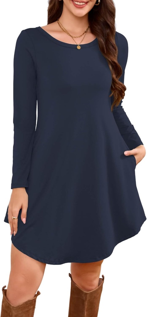 DEARCASE Women's Long Sleeve T Shirt Dress Crewneck Knee Length Loose Casual Flowy Swing Tunic Dresses with Pockets