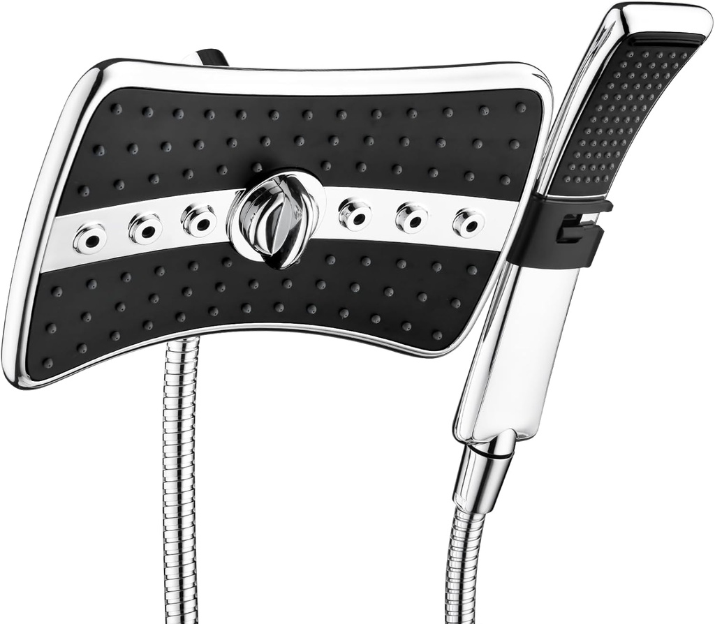 BRIGHT SHOWERS High Pressure Dual Shower Head Combo, Handheld Showerhead Rainfall Shower Head Combo with Black Face, 60 Inch Long Stainless Steel Shower Hose, Chrome