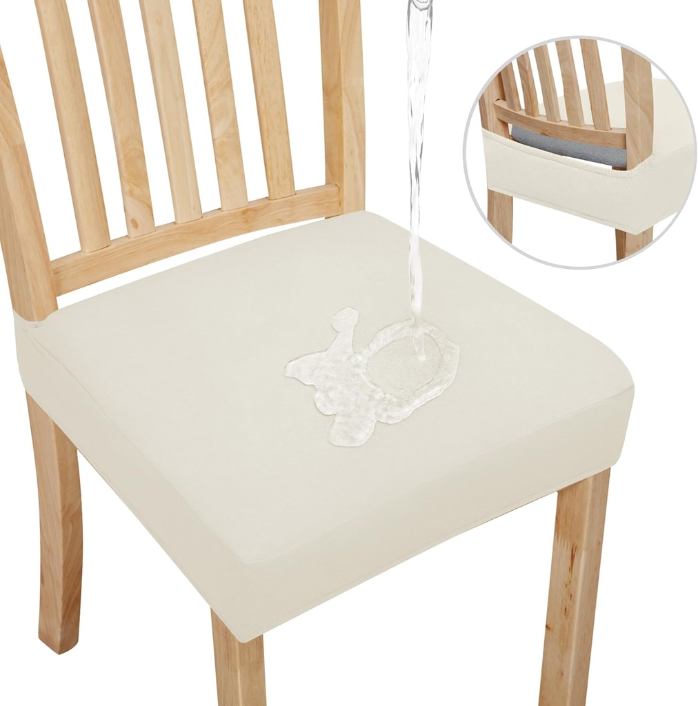 Easy-Going 100% Waterproof Seat Covers for Dining Room Chairs Set of 6, Stretch Chair Seat Slipcovers Protector Removable and Washable Kitchen Dining Chair Covers, Ivory