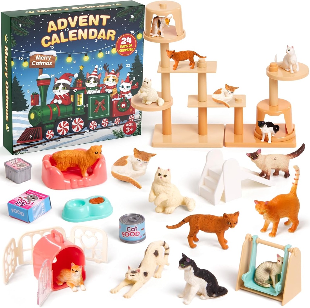 Cat Advent Calendar 2025, 24 Days Kids Toddler Advent Calendar with 12 Cute Kitty Figurines & Playground Accessories, Educational Gift for Cat Lovers, Christmas Xmas Countdown Gift