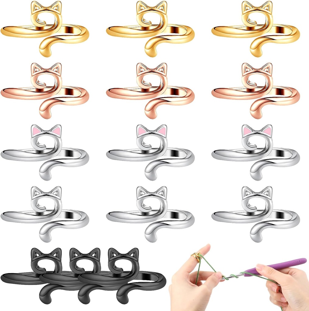 Cat Crochet Ring, 15PCS Cat-Inspired Adjustable Crochet Rings for Finger, Knitting Crochet Loop Ring, Faster Knitting Thimbles Holders Accessories (Black, Silver, Rose Gold, Gold)