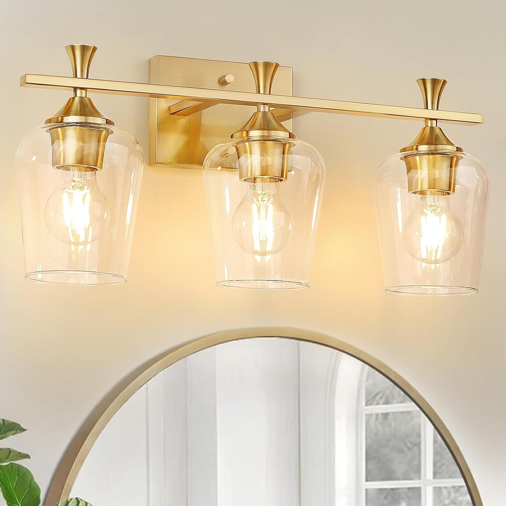 3 Light Bathroom Vanity Light - Gold Bathroom Lighting Fixtures Over Mirror, Modern Wall Sconces with Transparent Glass Lampshade for Bedroom Living Room Kitchen Cabinet Stair Hallway