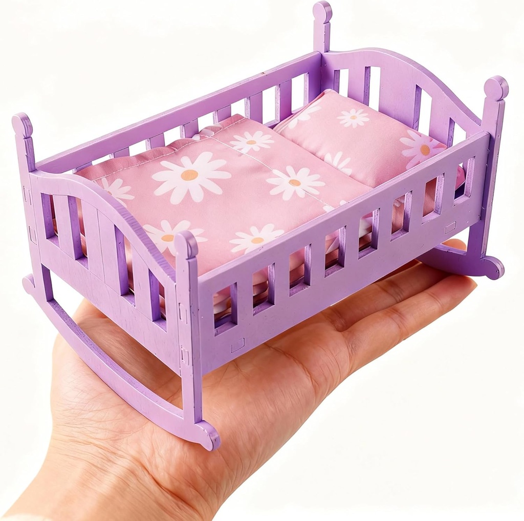 BABESIDE 4 Pcs Baby Doll Crib Set for Mini Baby Dolls Up to 6 Inch, Wooden Baby Doll Bed Doll Furniture with Doll Bedding Set for Kids Pretend Play Toys, Only Purple Babydoll Cradle