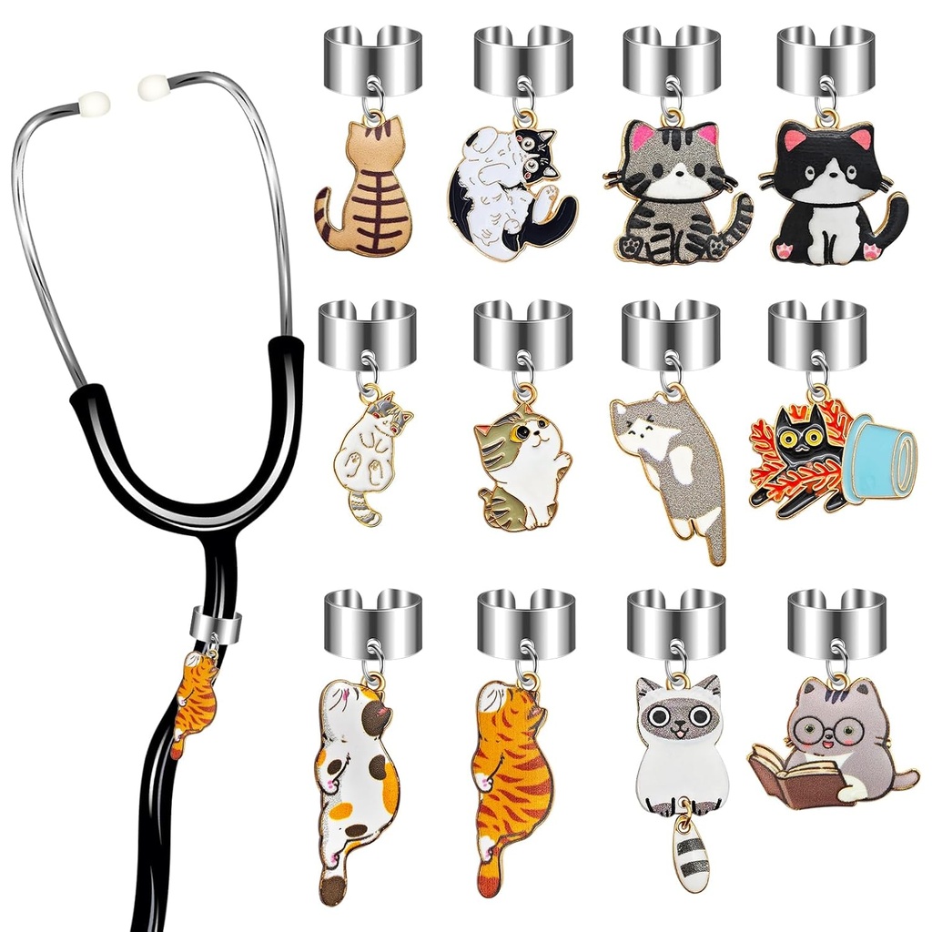 12 pcs Stethoscope Charms Cat Theme Stethoscope Name Tag Stethoscope Accessories for Doctor Student Nursing Medical Student