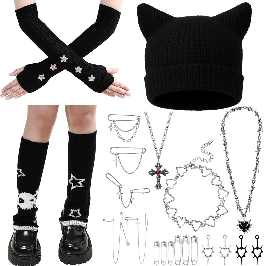 Mepase Grunge Clothes Sets, Crochet Cat Beanie Y2k Leg Warmers Fingerless Knit Gloves Jewelry Accessories Set for Girls