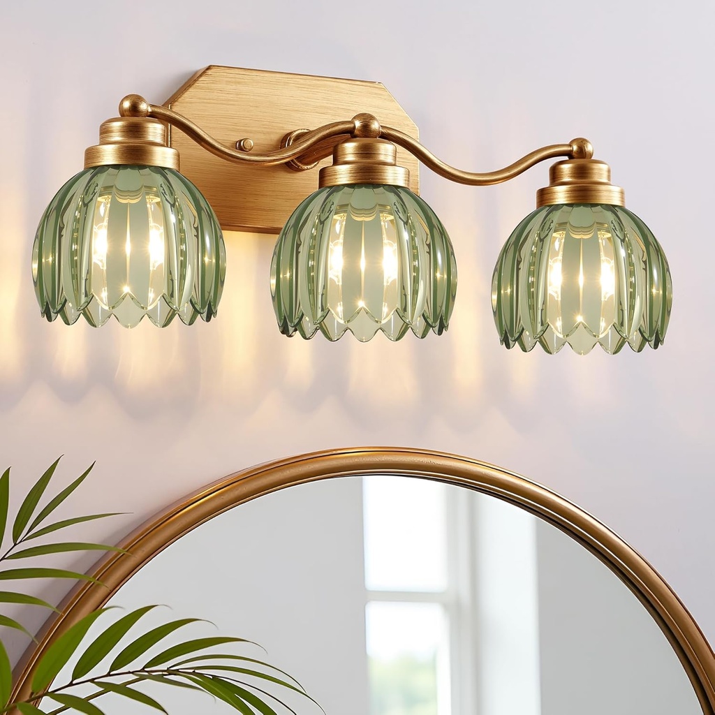Gold Vanity Lights, 3 Lights Vintage Bathroom Light Fixtures, Antique Brass Finish with Crystal Green Glass Shade, Mid Century Bathroom Lighting Wall Sconces for Bedroom, Living Room, Hallway
