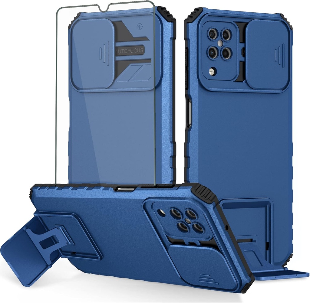 Asuwish Phone Case for Samsung Galaxy A42 5G with Tempered Glass Screen Protector and Slide Camera Cover Kickstand Protective Cell Accessories Glaxay A 42 G5 Gaxaly 42A S42 4G 2021 Women Men Blue