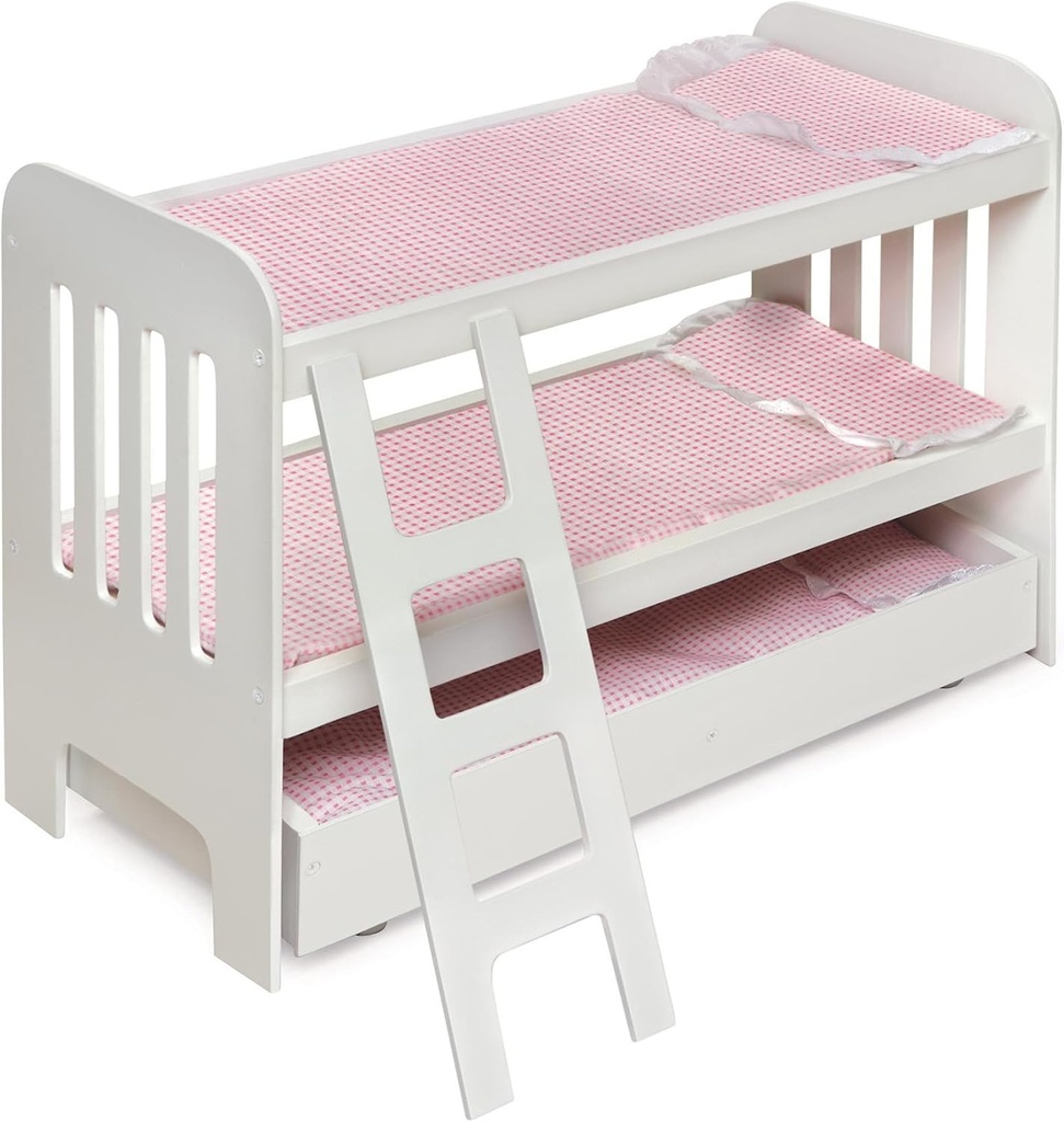Badger Basket Doll Bunk Bed with Bedding, Ladder, and Free Personalized Kit - Fits Dolls Up to 22 Inches - Ideal for Girl Dolls and Baby for Pretend Play - White/Pink