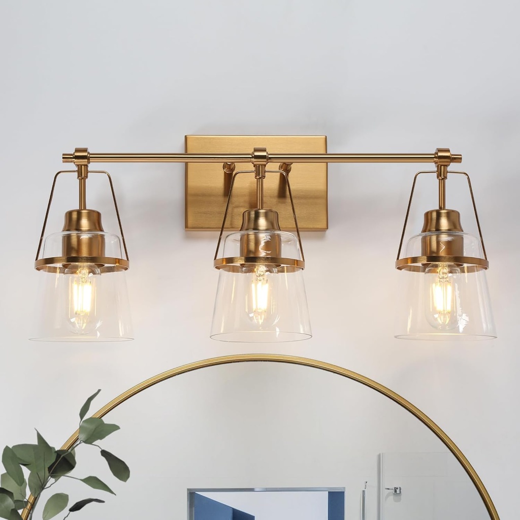 KSANA Gold Bathroom Light Fixture, 3-Light Vanity Light with Opening Clear Glass Shade, Modern Electroplated Antique Brass Wall Lamp Over Mirror