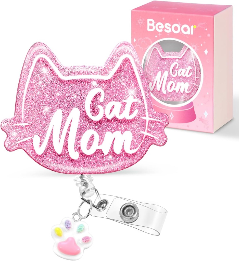 Besoar Nurse Badge Reel Retractable - Cute Pink Cat Mom Badge Reel Nursing, Beadable Badge Holder with Alligator Clip, Office Medical Worker Pediatric Student Nurse ID Badge Clip Accessories Gifts