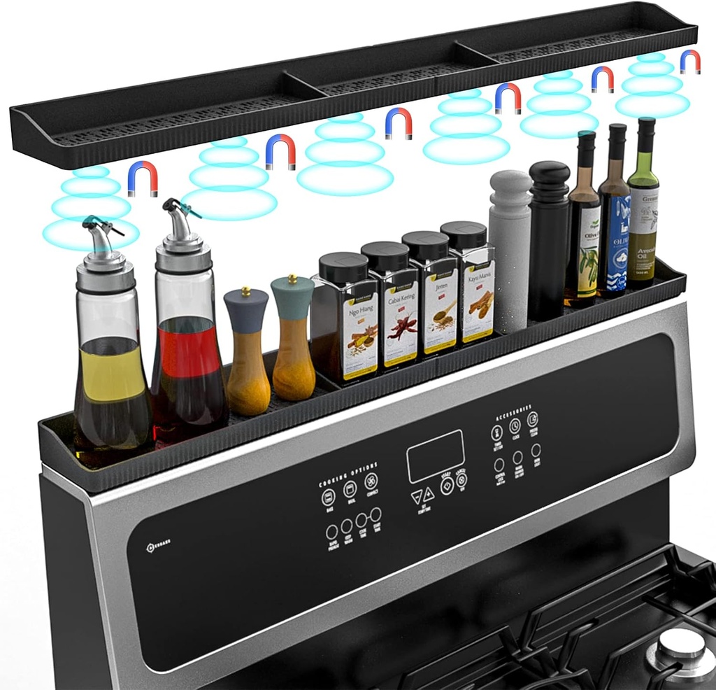 30 Inch Silicone Stove Top Shelf Magnetic for Kitchen Gadgets, Soft Flexible Strong Magnetic Heat Resistant Spice Rack Kitchen Organizer for Over Stove