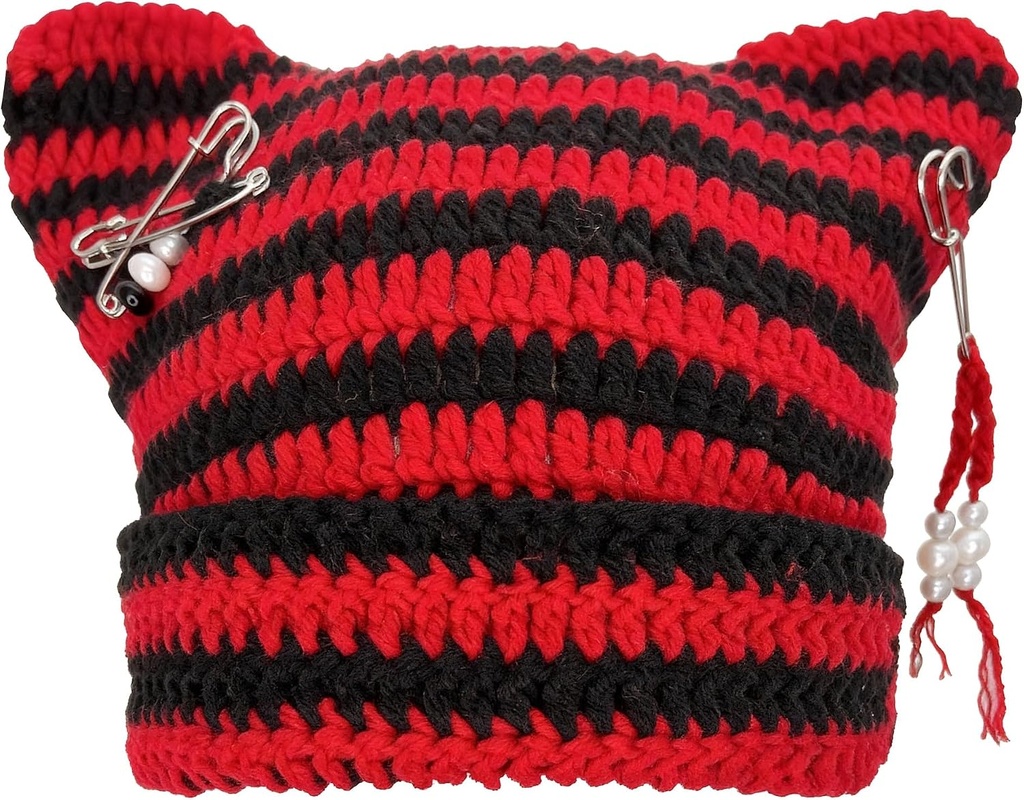 Cat Ear Beanie Hats for Women Y2K Striped Beanie with DIY Goth Accessories Slouchy Crochet Goth Hat with Cat Ears