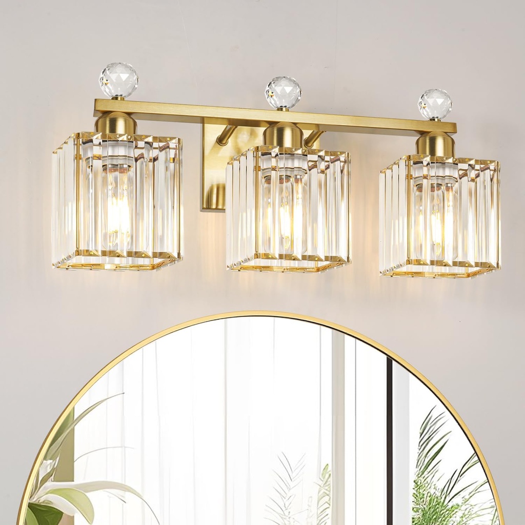 Bathroom Vanity Light Fixture 3-Light - Vanity Lights for Bathroom with Crystal Shade Gold Metal, Easy Install No Drilling Needed, Shadow-Free Illumination for Modern Bathroom Mirror Decor