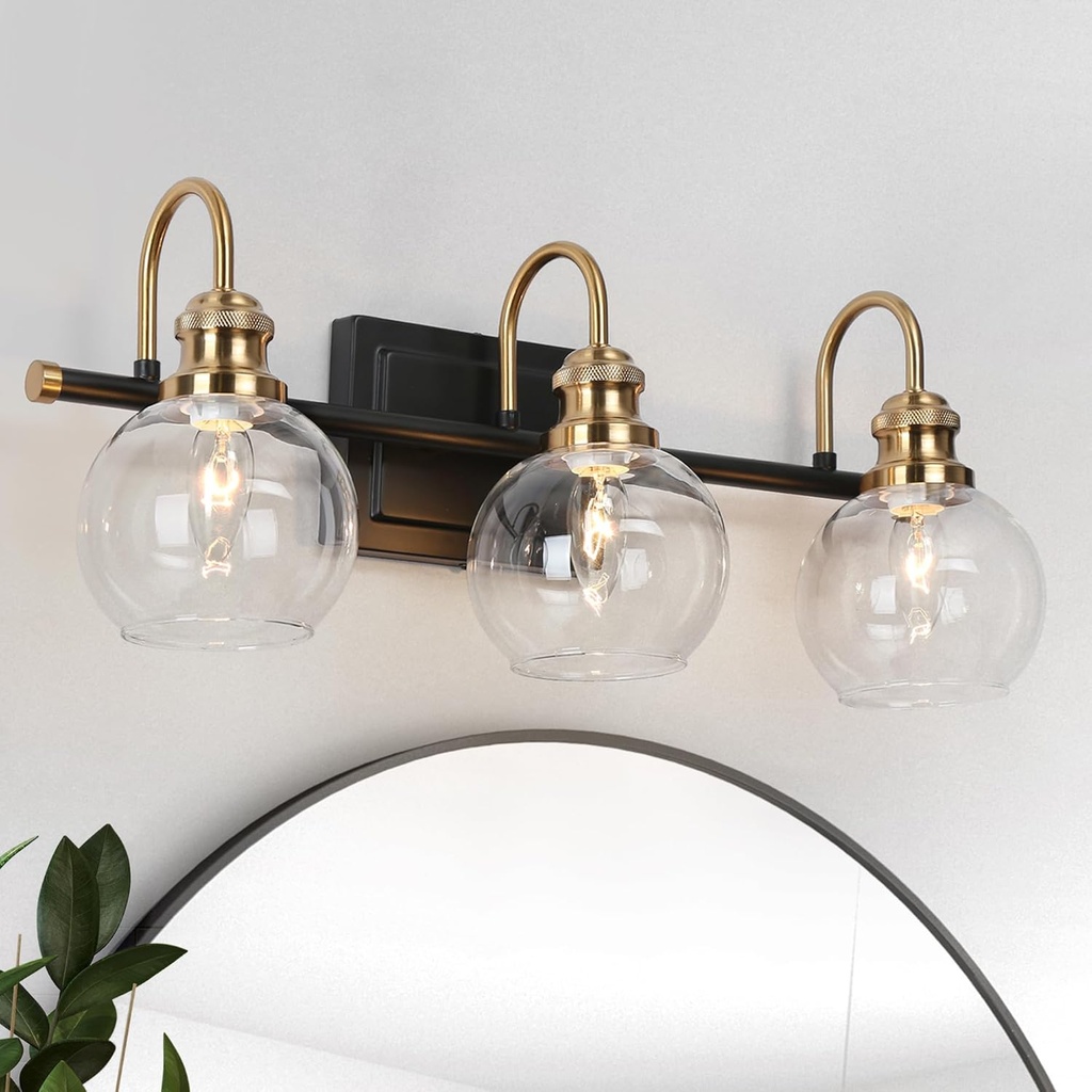 KSANA Black Gold Vanity Light, Modern 3-Light Bathroom Light Fixture with Clear Glass Globes, Electroplating Brass 22”L Vanity Lighting Over Mirror