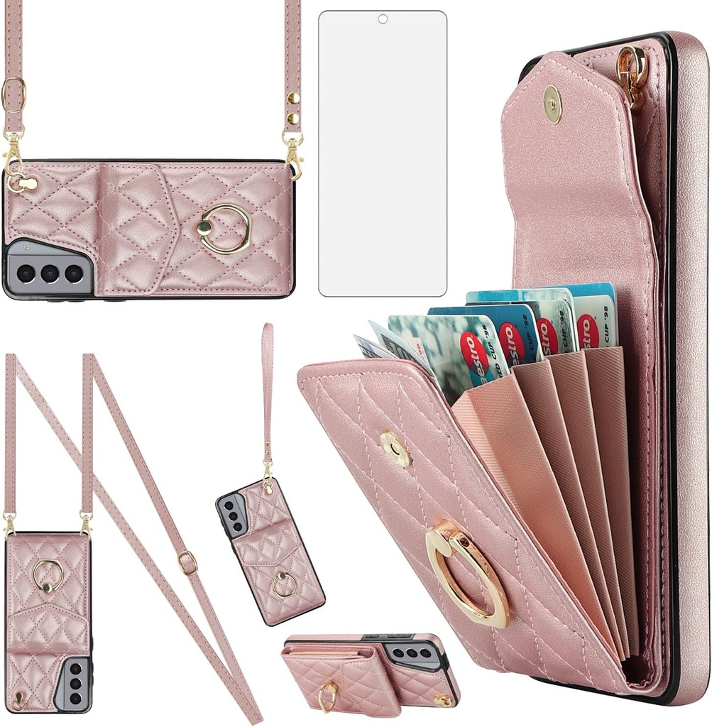 Asuwish Phone Case for Samsung Galaxy S21 Plus/S21+ 5G with Tempered Glass Screen Protector, Crossbody Ring, RFID Blocking, Wallet, Kickstand, Rose Gold