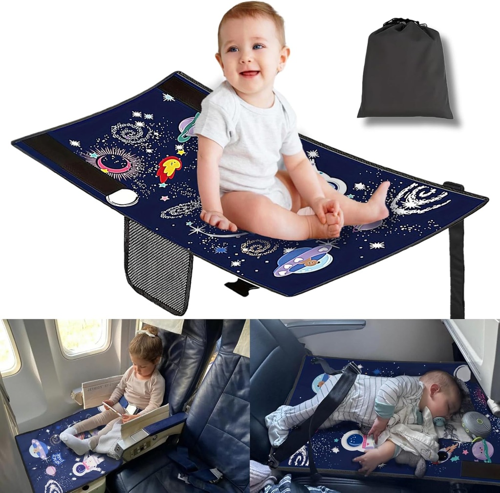 Non-Inflatable Toddler Airplane Bed - Portable Travel Bed for Kids 1-3 Years with Carry Bag | Universal Fit for Airlines | Airplane Seat Extender & Foot Rest for Flights | Machine Washable Cover(Blue)