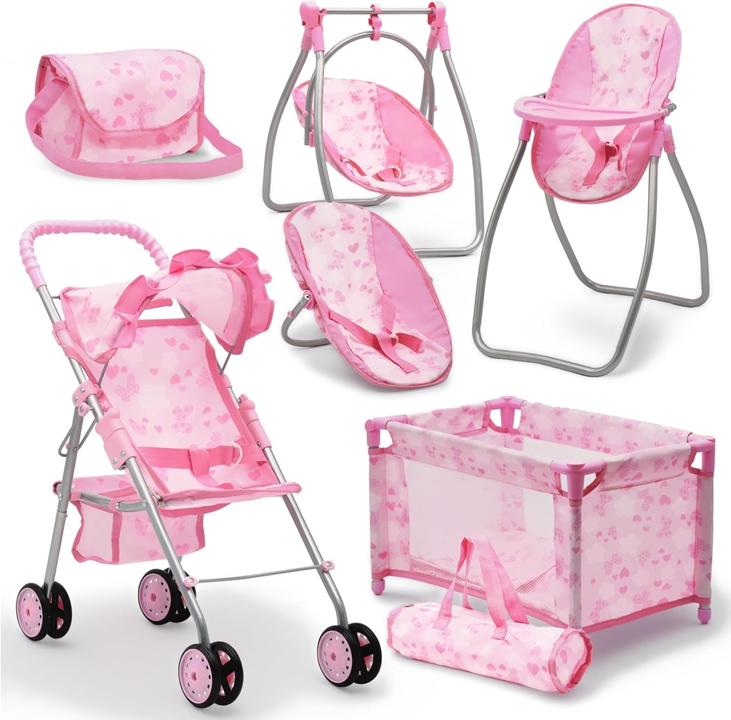 Baby Doll Stroller Bed and Swing Nursery Playset, Baby Doll Accessories Furniture Set Convertible High Chair Diaper Bag Role Play Deluxe Baby Doll Set