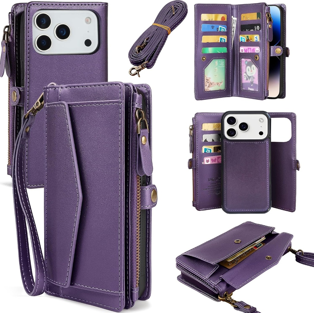Compatible with iPhone 17 Pro Max 6.9" Wallet Case with RFID Blocking Card Holder for Women, PU Leather Flip Zipper Wallet Detachable Magnetic Phone Case Crossbody Strap, Purple