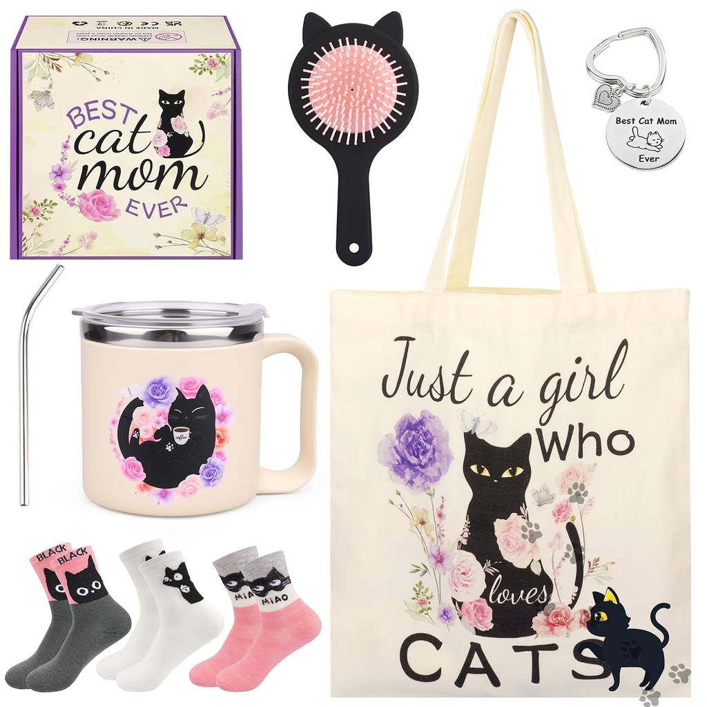 Cat Lover Gifts for Women, Black Cat Themed Gift Set with Cat Mug, Cat Tote Bag, 3 Cat Socks, Cat Keychain & Comb. Perfect Cat Themed Gifts for Women, Birthday, Mother's Day