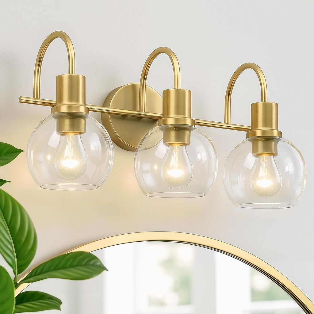 Bathroom Light Fixtures,Gold Vanity Light 3 Light Wall Sconces, Brushed Brass Lighting with Clear Glass Shades, Wall Mounted Mirror Lights for Kitchen, Bedroom, Hallway