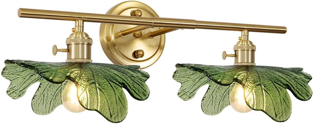 2 Light Bathroom Lighting Fixtures Over Mirror, Vintage Wall Sconces with Glass Shade Green Vanity Lights Mid Century Wall Sconce Light Gold Wall Lighting for Bedroom Living Room Hallway