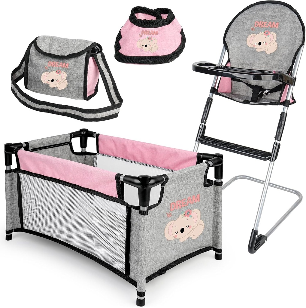 deAO Baby Doll Accessories Baby Doll Playset Furniture Set Baby Doll Crib High Chair Diaper Bag Nursery Playset Pretend Play Role Play Set Christmas Birthday Gifts for Kids Girls Boys