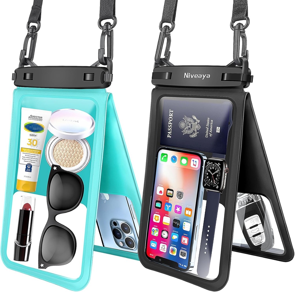 Niveaya [Up to 10.5"]Waterproof Phone Pouch - 2 Pack, Waterproof Phone Lanyard Case with iPhone 17/16/15/14/13 Pro Max up to 9.5", Phone Dry Bags for Vacation Beach Pool Kayak Cruise Travel Essentials