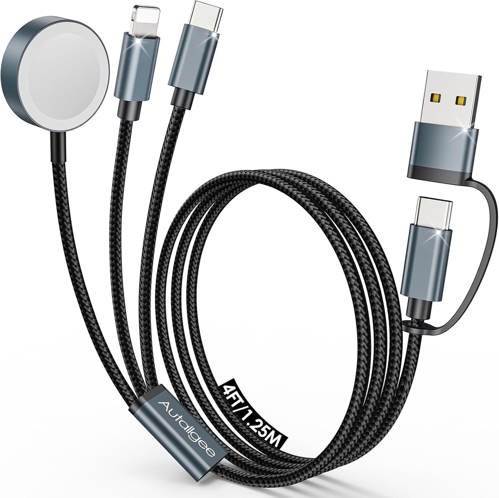 Travel Essentials,Multi Charging Cable for Apple Watch Charger/iPhone Charger/Samsung Charger,Airplane Gadgets RV Essentials for iWatch Ultra/10-2/iPhone 17-11/Samsung S25-S20,airPods,Car-4FT Black