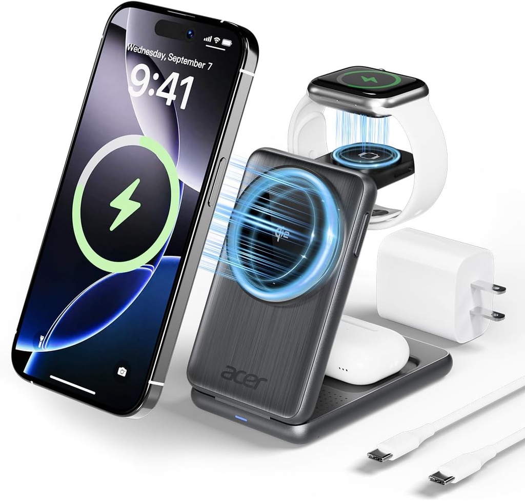 Acer 3 in 1 Charging Station for iPhone, Wireless Charger Stand,15W Fast MagSafe Charger for iPhone 17 16 15 14 13 12 Series-Apple Watch 10 9 8 7 6 5 4 3 2 SE and Ultra Series-Airpods 4 3 2 Pro Series