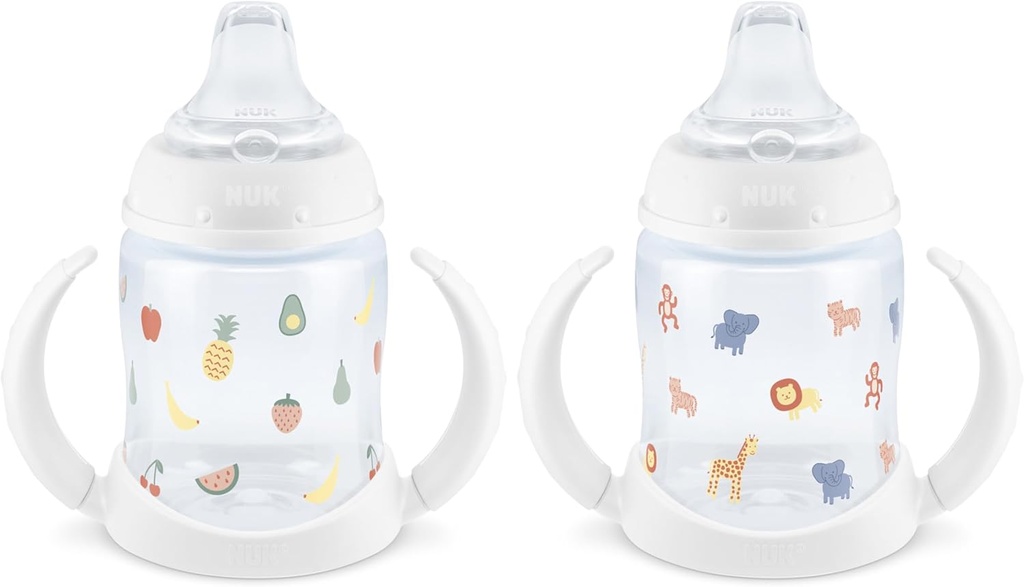 NUK Learner Cup, 6+ Months, Fun Fruits and Animals, Amazon Exclusive Collection, 5 Oz, Pack of 2 – BPA Free, Soft Spout, Spill Proof Sippy Cup