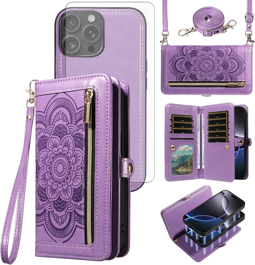 Asuwish Phone Case for iPhone 16 Pro Max 6.9 inch Zipper Wallet Detachable Cell Cover with Tempered Glass Screen Protector Strap Flower Card Holder i Phone16 16Pro i16 ProMax 16ProMax Women Men Purple