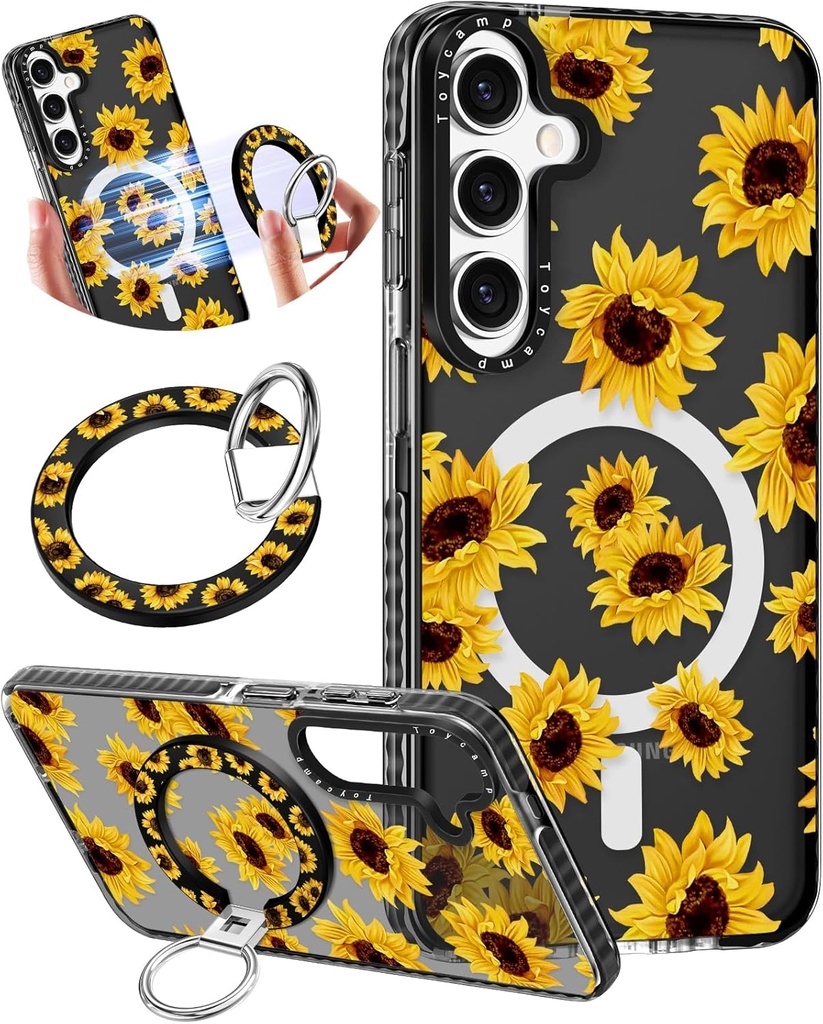 Toycamp for Samsung Galaxy S25 Plus Case Compatible with Magsafe - Cute Design 360°Magnetic Ring Holder Stand Kickstand Funny Sunflower Girly Pretty Fashion TPU Phone Covers for Women Tenn Girls
