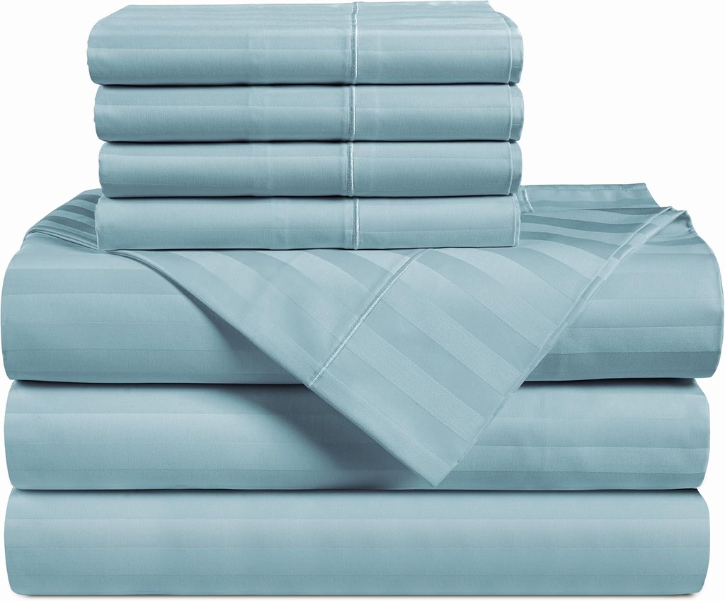 Casa Platino 100% Egyptian Cotton Split King Sheet Set - 7 Pcs - Damask Stripe - Luxury Hotel Split King Bed Sheet Set for Adjustable Beds, Fully Elasticized with Deep Pockets - Blue Sky