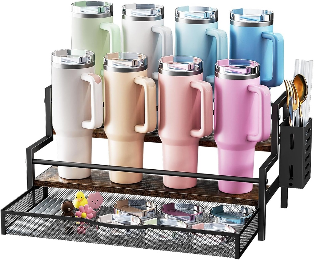 Water Bottle Organizer for Full Stanley 40 oz Tumbler with Handle, 2 Tier Tumbler Organizer for 8 Cups, Kitchen Pantry Organizers and Storage for Owala Stanley Cup Accessories, Brown