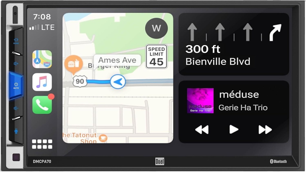 Dual Electronics Dual DMCPA70 7-Inch Double-DIN in-Dash Mechless Receiver with Bluetooth, Apple CarPlay, and Android Auto (Renewed)
