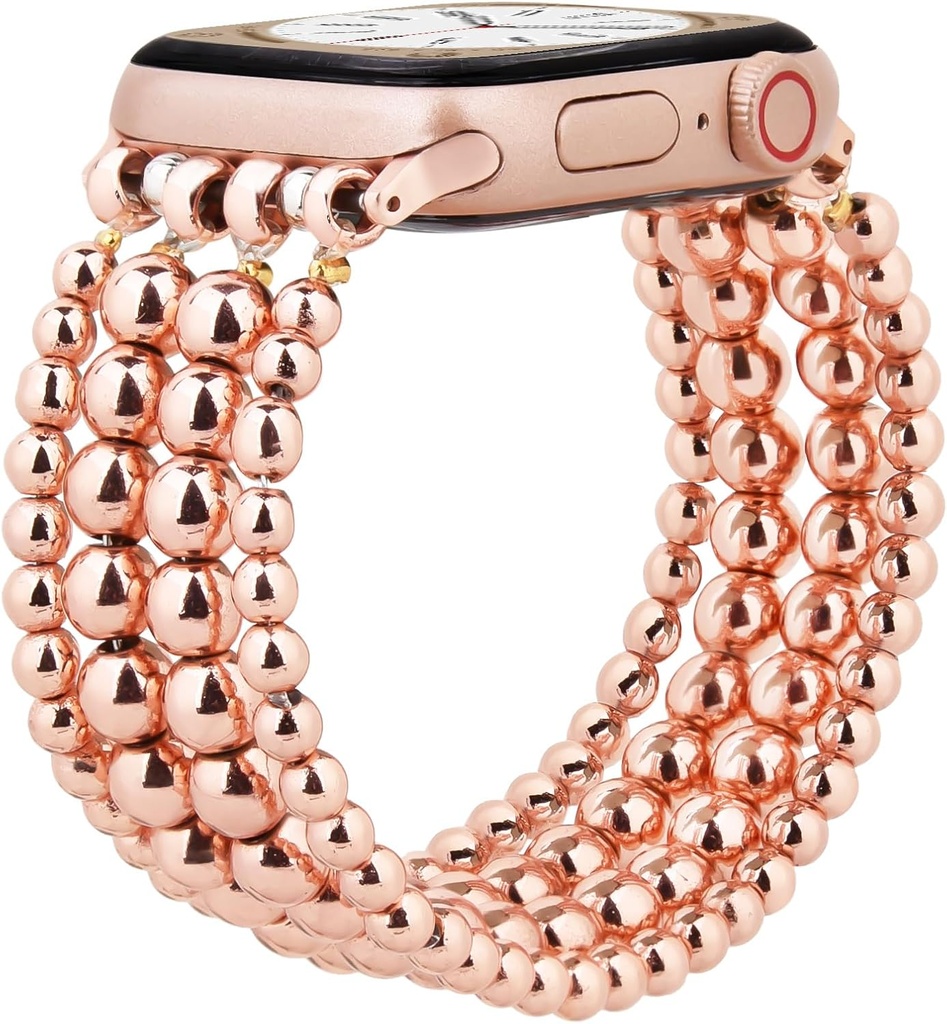 MOFREE Beaded Bracelet Compatible with Apple Watch Band 45mm/44mm/42mm/46mm(Series 10)Women,Fashion Dressy Stainless Steel Beads Elastic Strap for iWatch Band Series 10 9 8 7 SE 6 5 4 3 2 1 Rose Gold