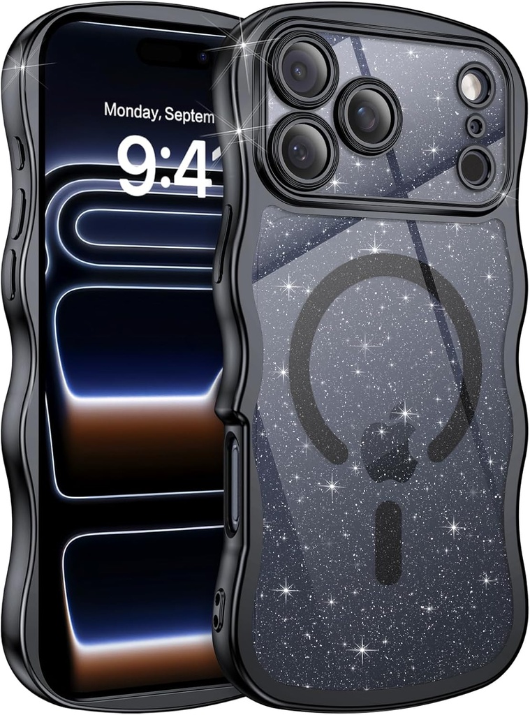 BENTOBEN Clear Glitter for iPhone 17 Pro Max Case 2025 [Compatible with MagSafe] Cute Curly Wavy Plated Anti-Slip Magnetic Hard Back Women Men Girls Boys Phone Cases Cover for 17 Pro Max 6.9", Black