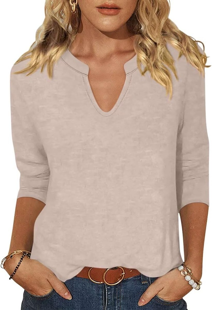 TICTICMIMI Womens Tops 3/4 Sleeve T-Shirts V Neck Cute Tunic Tops Basic Tees Blouses Loose Fit Pullover Summer Clothes