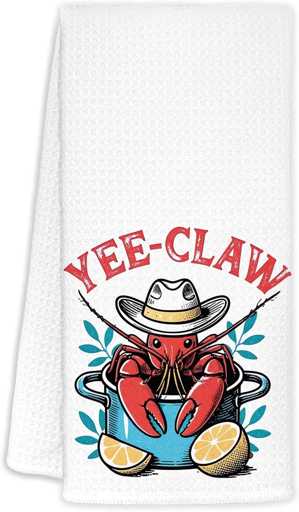 Western Cowboy Crawfish Coastal Kitchen Towels, Funny Crawfish Boil Party Supplies Hand Towels, Nautical Beach Lobster Dish Tea Towel for Kitchen, Seafood Boil Party Supplies, 16x24 Inch