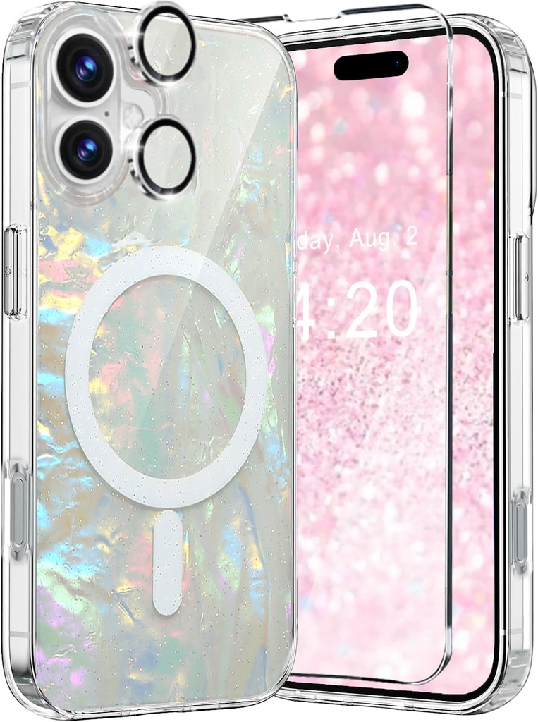 Case Suitable for iPhone 17 MagSafe Iridescent Glitter Sparkly, Opal Pearly Bling Translucent Bumper Case + 1 Screen 1 Camera Protector for Women Girl iPhone 17 6.3" 2025(Colorful Cloud)