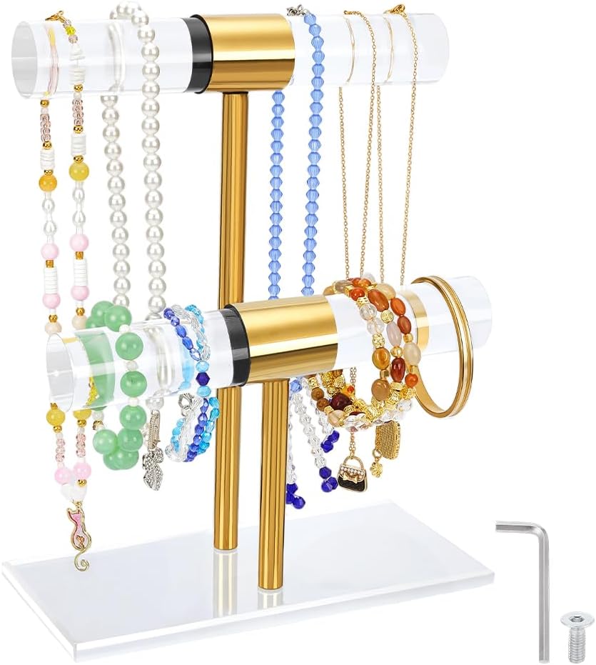 PH PandaHall 2 Tier Bracelet Holder Display Golden Watch Organizer Stand Necklace Bracelet Jewelry Holder Display for Retail Store Showcase Boutique Vendor Shop Home Jewelry Display