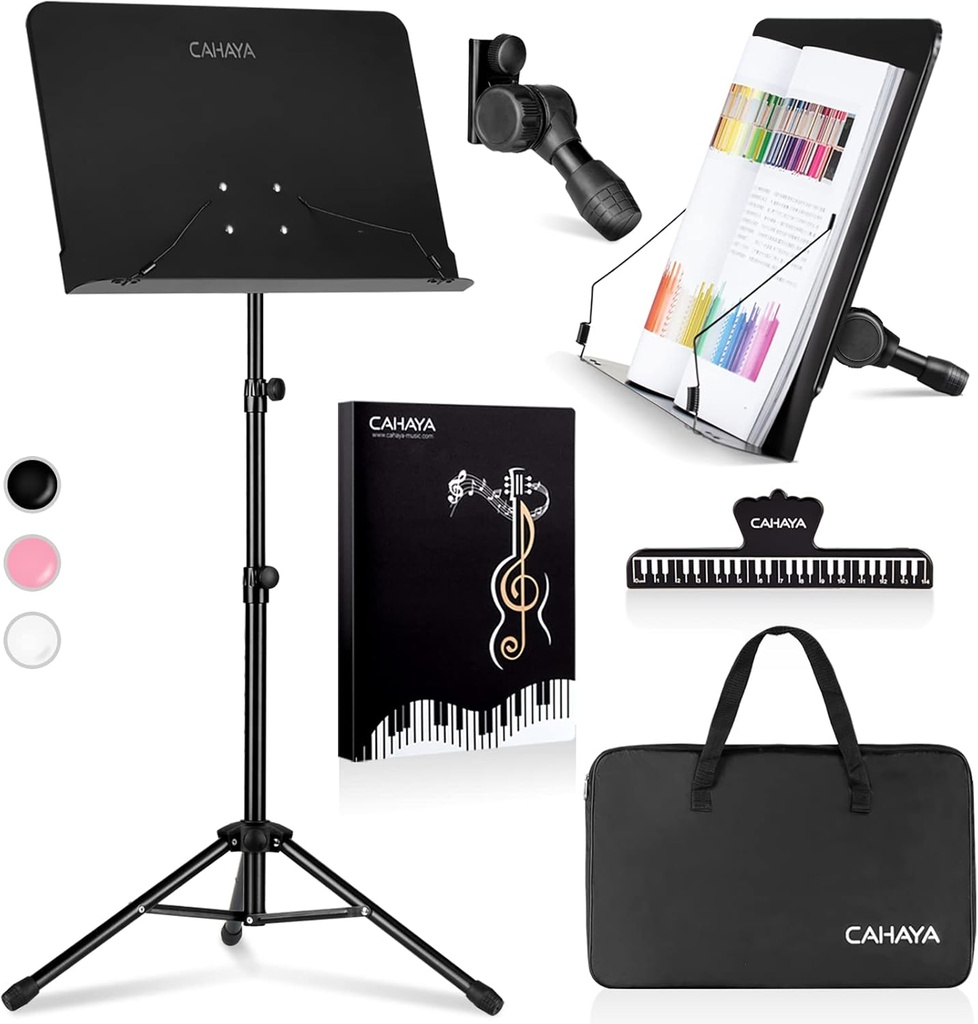 CAHAYA Music Stand for Sheet Music - Dual-use Converts to Desktop Stand Portable& Foldable 31.4-57in Height Adjustable Sturdy to Holds Thick Book or Tablet Include Carrying Bag Sheet Music Folder Clip