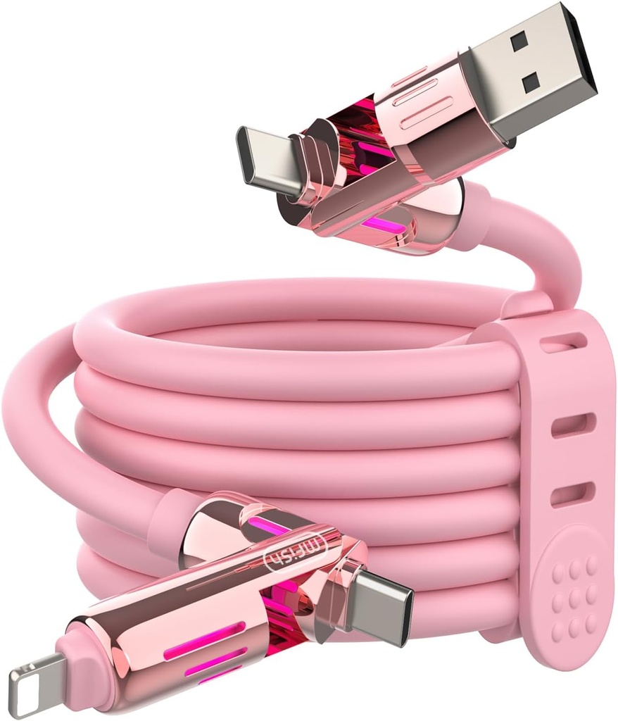 MFish 240W 4-in-1 Charging Cable with Carrying Case, 6.6FT Fast Charger USB-A & USB-C to USB-C/Lightning, for iPhone 17/16/15/14, MacBook, iPad, Samsung S25/S24 (Pink, 6.6Ft)