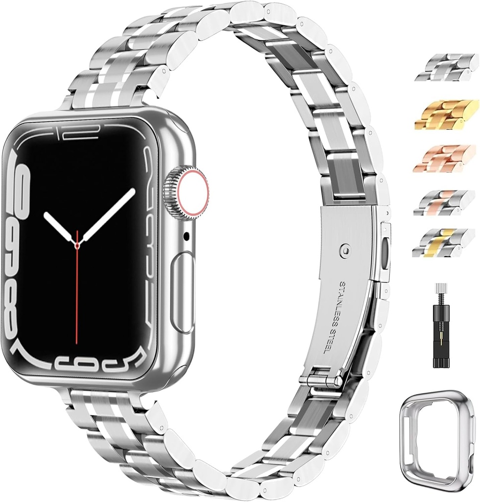 chuangshiji Compatible with Apple Watch Band 42mm 44mm 45mm, Women for iWatch Band Series 9/8/7/6/5/4/3/2/1/SE (S-Silver, 42mm/44mm/45mm)
